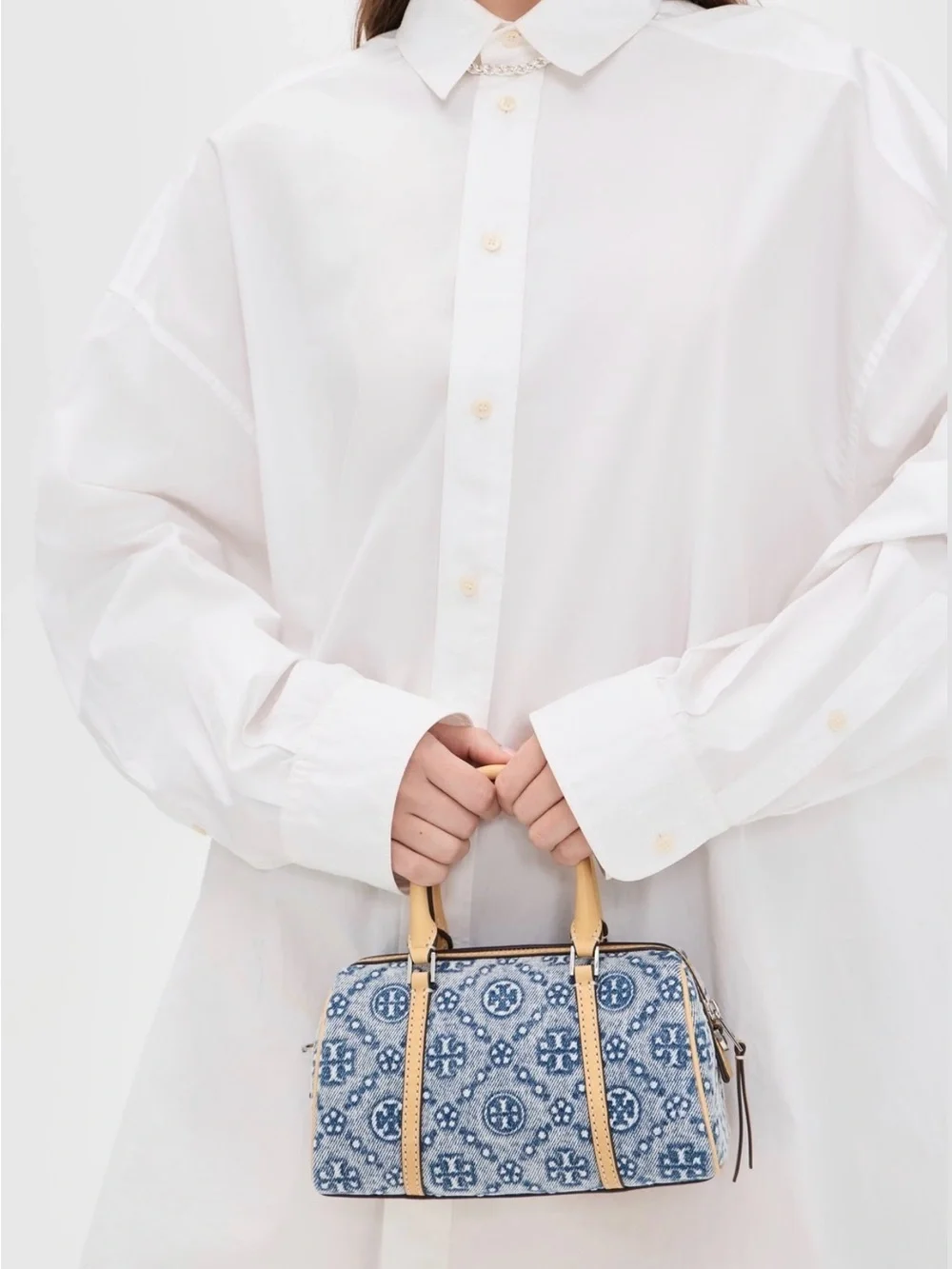 Tory Burch T Monogram Denim Mini Barrel Bag